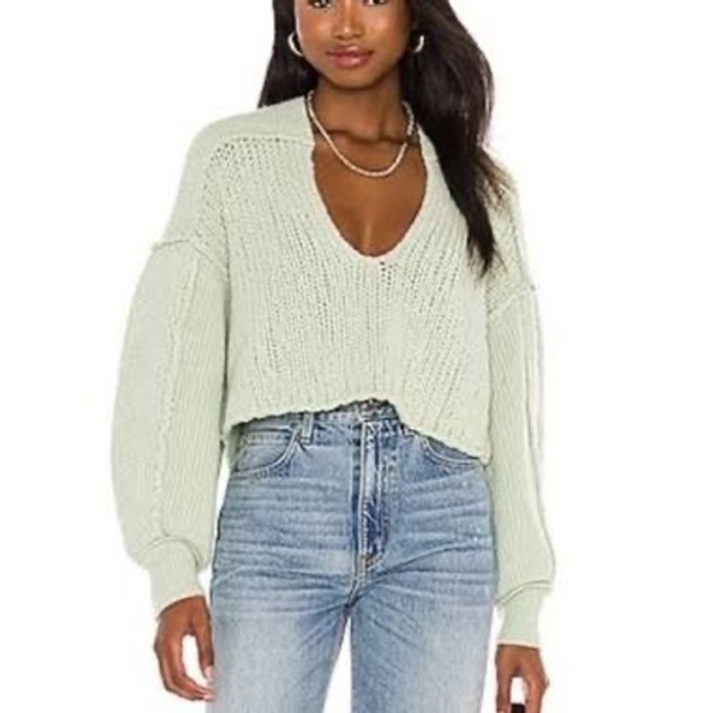 We The Free Sea Bright Pale Green Chunky Knit V-Neck Cropped Sweater XS